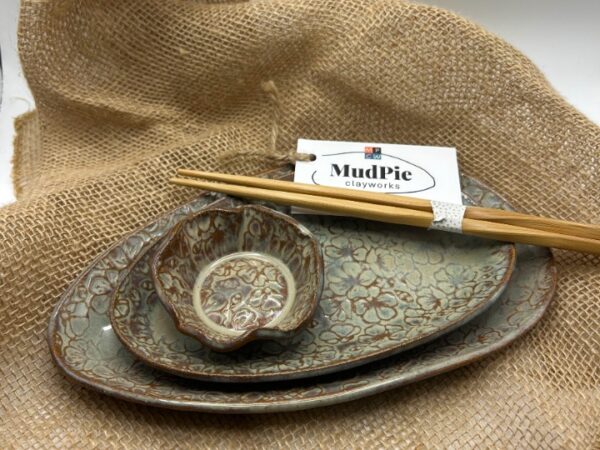 Pebble Plate Set w/ Cherry Blossoms in Rustic Pearl