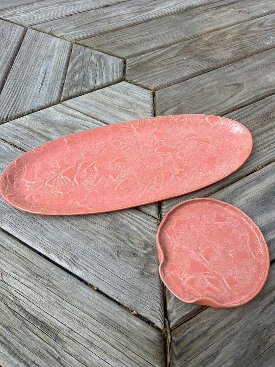 Cherry Blossom Serving Tray & Spoonrest Set in Sunset Pink