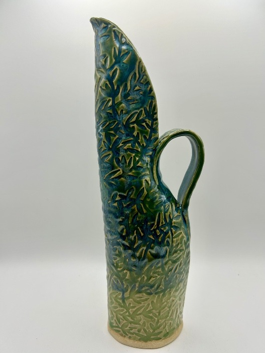 Tall Swan Pitcher/Vase Embossed w/ Vines in Seawater over Summer Green