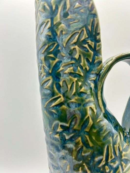 Tall Swan Pitcher/Vase Embossed w/ Vines in Seawater over Summer Green - Image 3