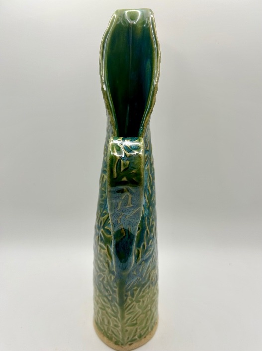 Tall Swan Pitcher/Vase Embossed w/ Vines in Seawater over Summer Green - Image 4