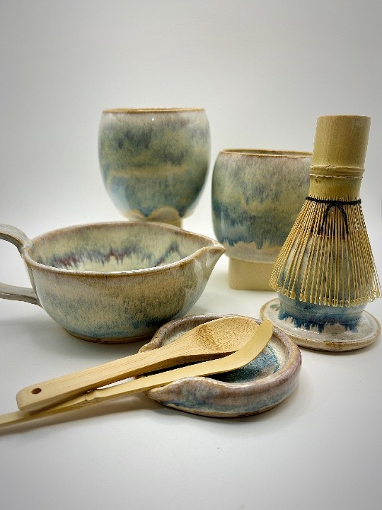 Stoneware Matcha Tea Set glazed in Smoky Mountain Rain