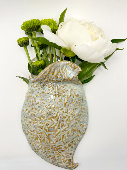 Vine Embossed Wall Pocket in Iron Lustre over Winter White