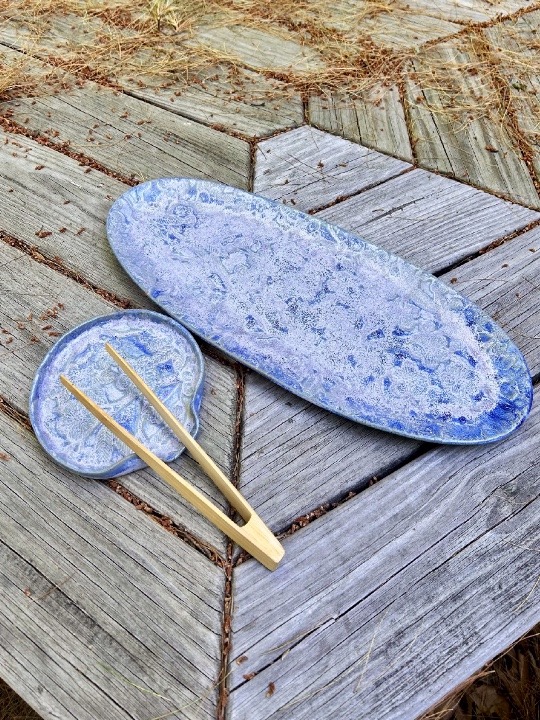 Cherry Blossom Serving Tray & Spoonrest Set in Periwinkle